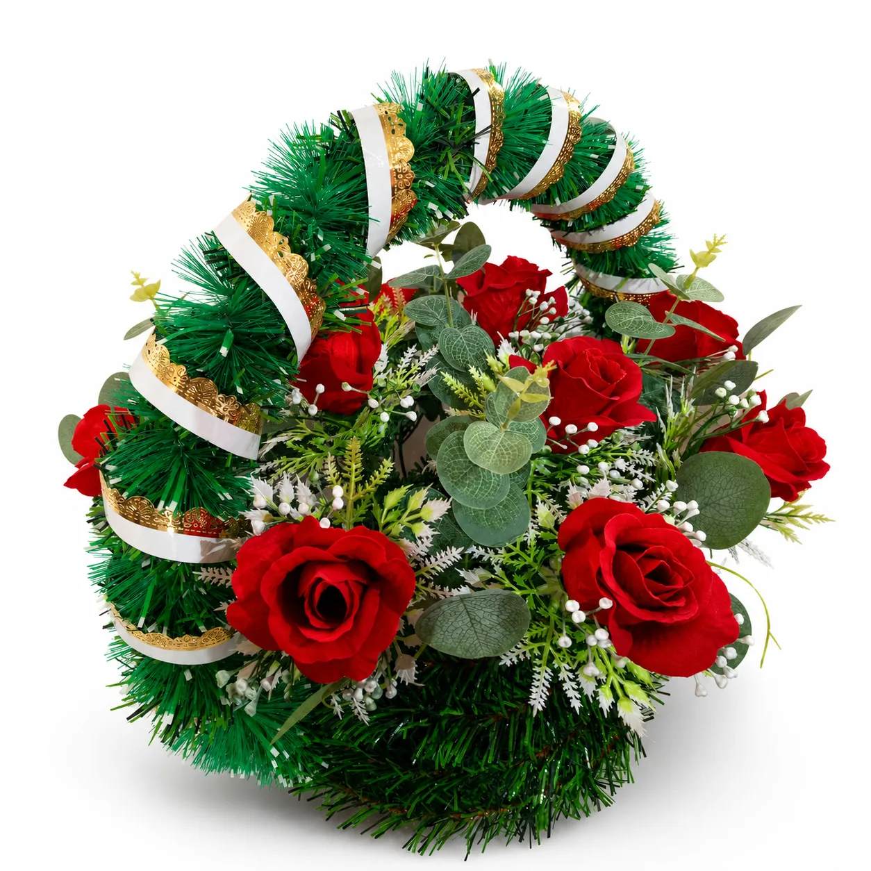 Ритуальная корзина с красными розами и эвкалиптом